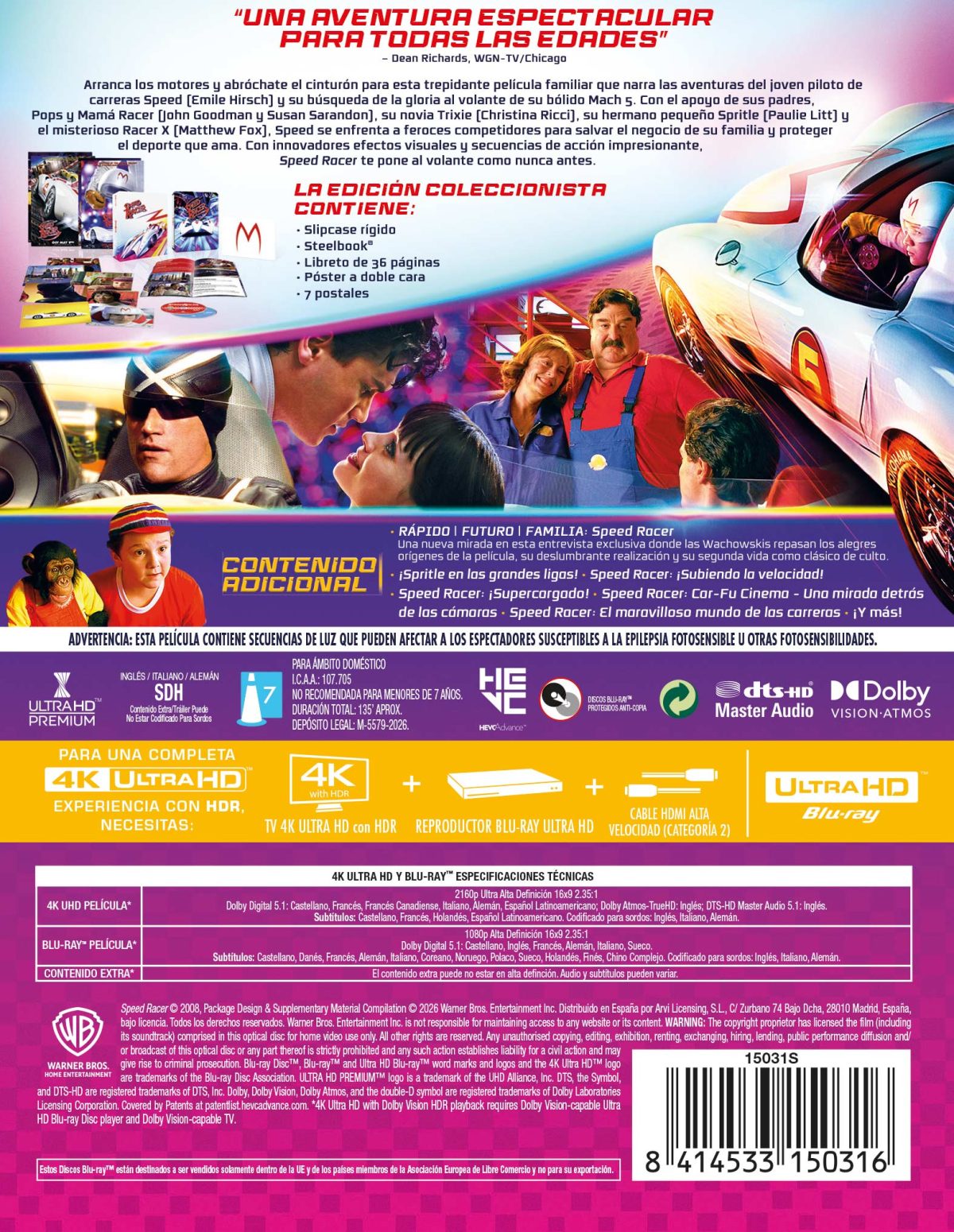 Speed Racer (4K UHD + Blu-ray). Edición especial limitada Steelbook