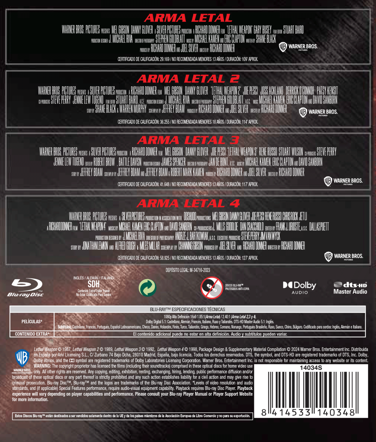 ARMA LETAL 1-4 (BD) - 8414533140348 - Trasera Arma letal. Pack 1-4 (Blu-ray)