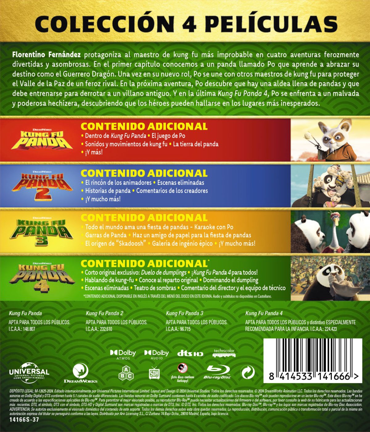 KUNG FU PANDA PACK 1-4 (BD) - 8414533141666 - Trasera Kung Fu Panda. Pack 1-4 (Blu-ray)