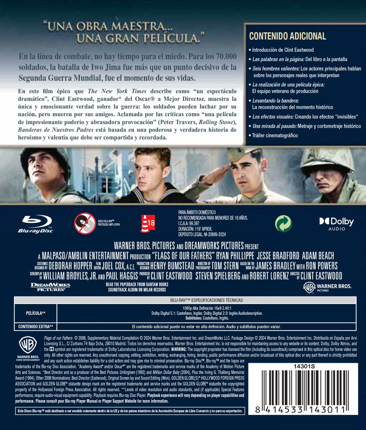 BANDERAS DE NUESTROS PADRES (BD) - 8414533143011 - Trasera Banderas de nuestros padres (Blu-ray)