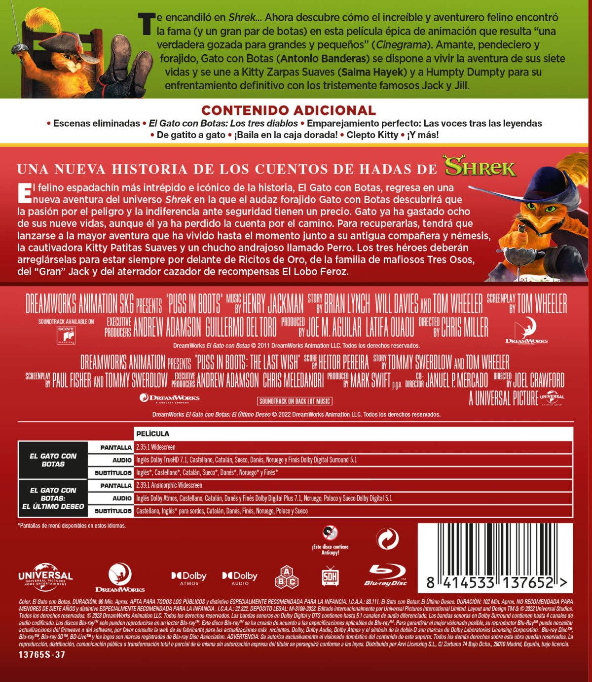 EL GATO CON BOTAS PACK 1-2 (BD) - 8414533137652 - Trasera El gato con botas: Pack 1-2 (Blu-ray)