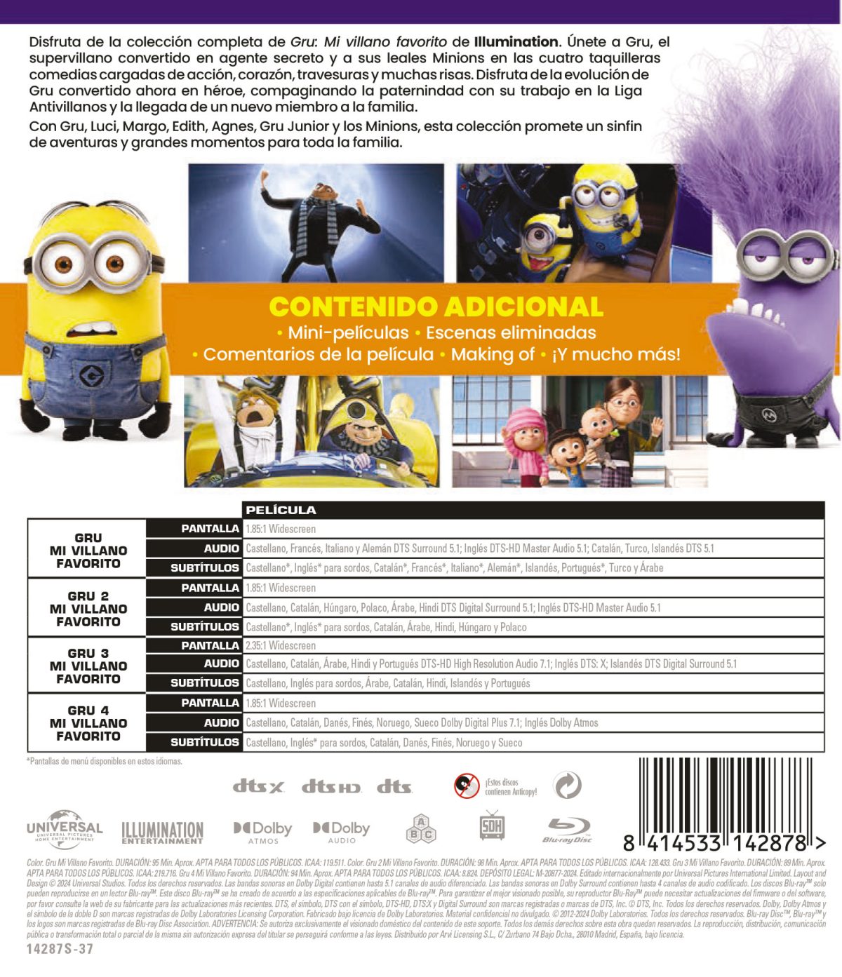 GRU MI VILLANO FAVORITO 1-4 (BD) - 8414533142878 - Trasera Gru mi villano favorito. Pack 1-4 (Blu-ray)