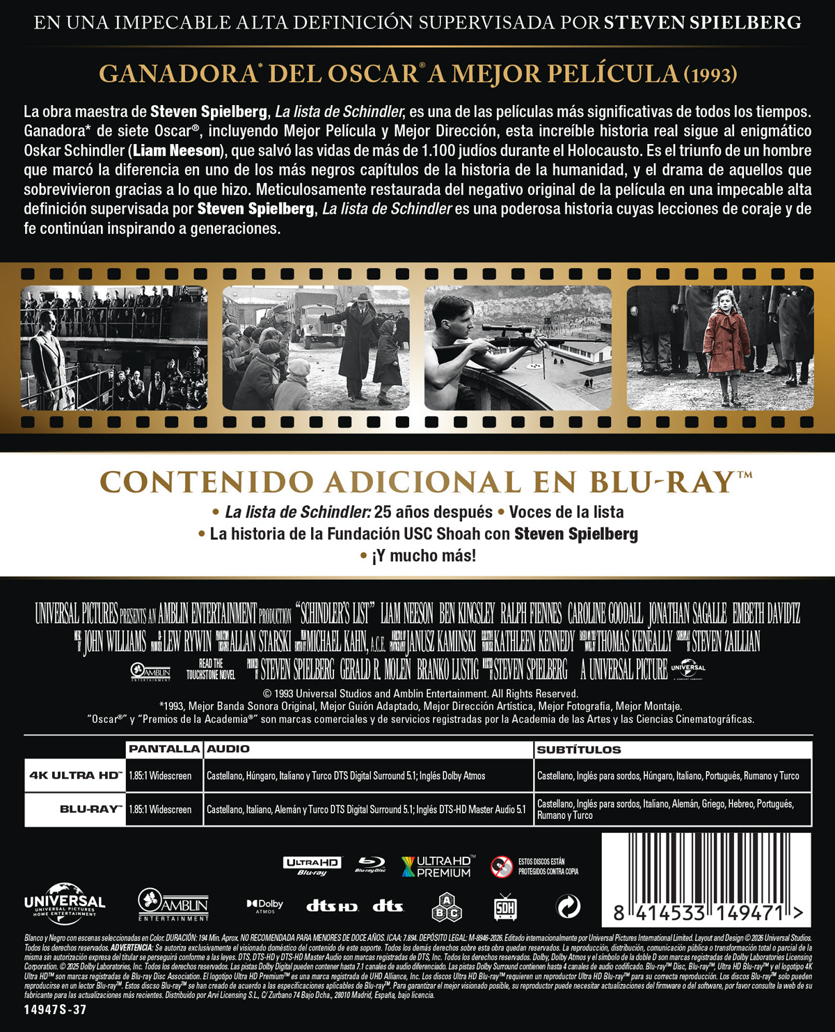 La lista de Schindler (4K UHD + Blu-ray + Blu-ray Extras) Steelbook 2026