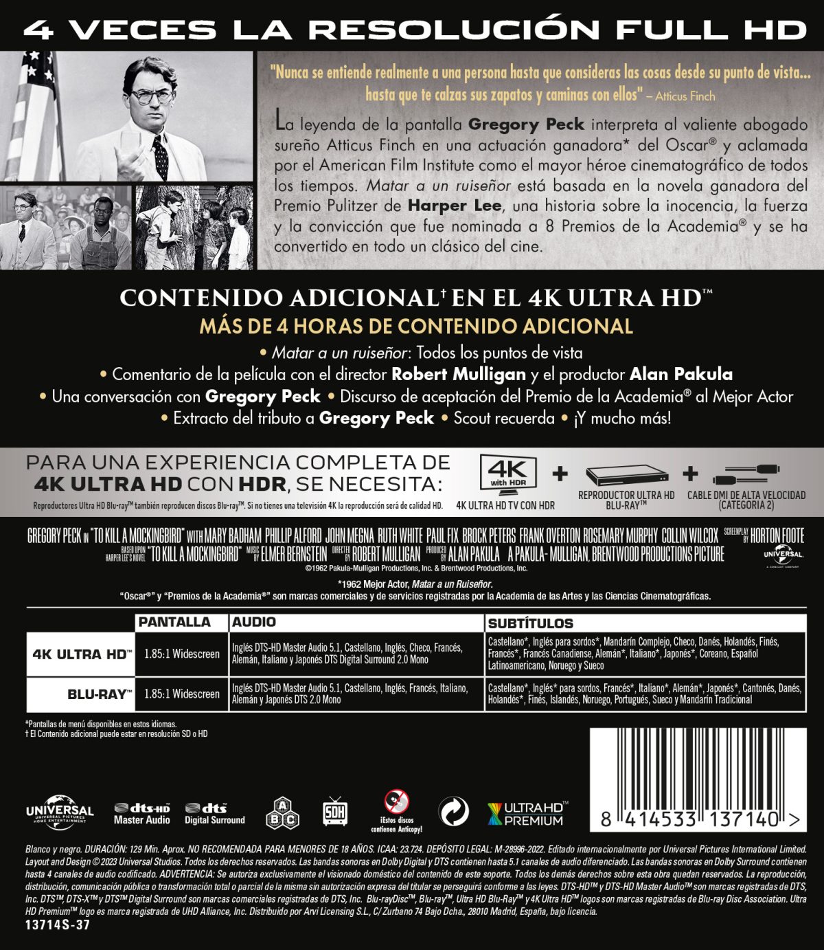 MATAR A UN RUISEÑOR (4K UHD + BD) - 8414533137140 - Trasera Matar a un ruiseñor (4K UHD + Blu-ray)