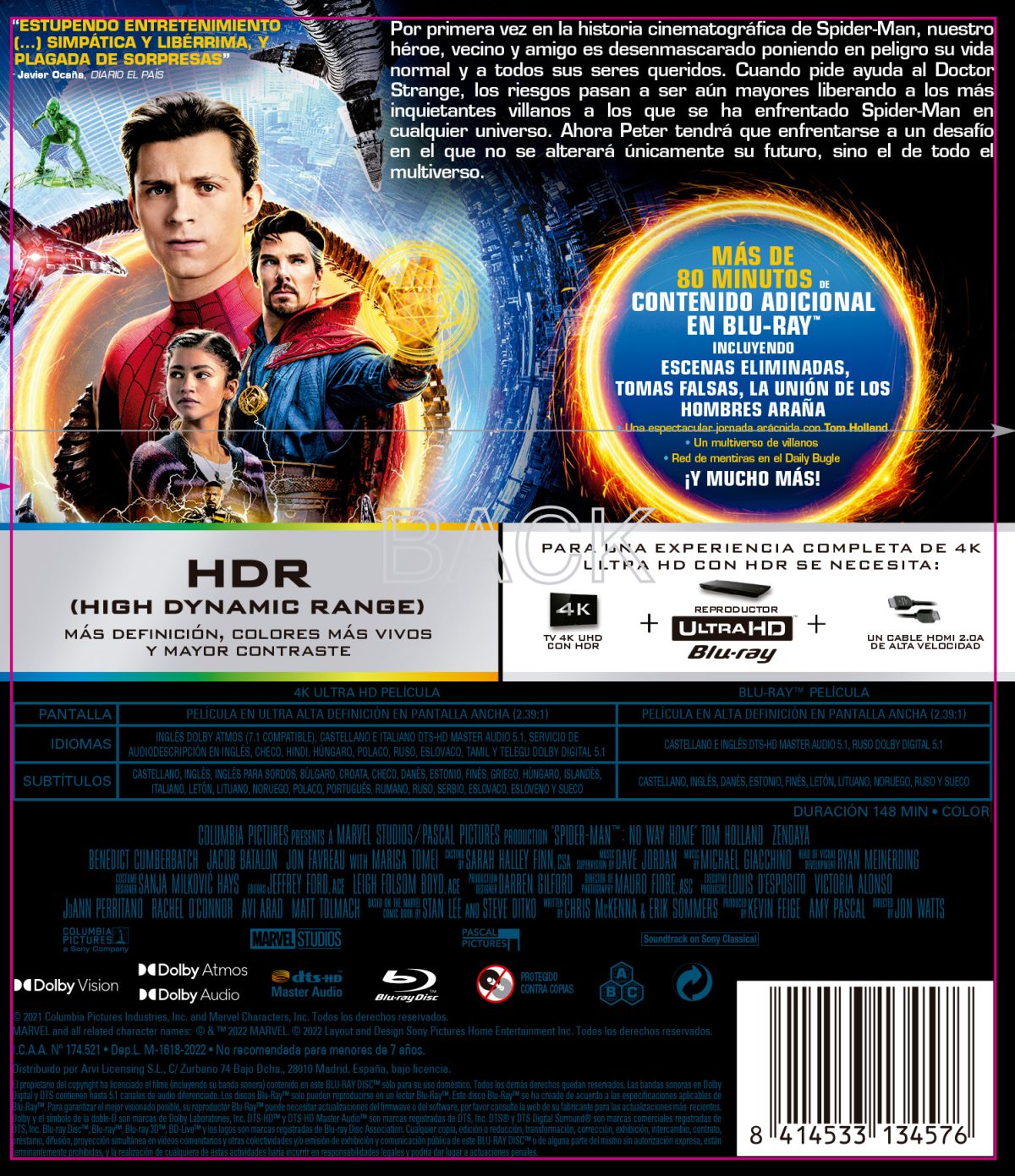 SPIDER-MAN NO WAY HOME (4K UHD + BD) - 8414533134576 - Trasera Spider-Man: No Way Home (4K UHD + Blu-ray)