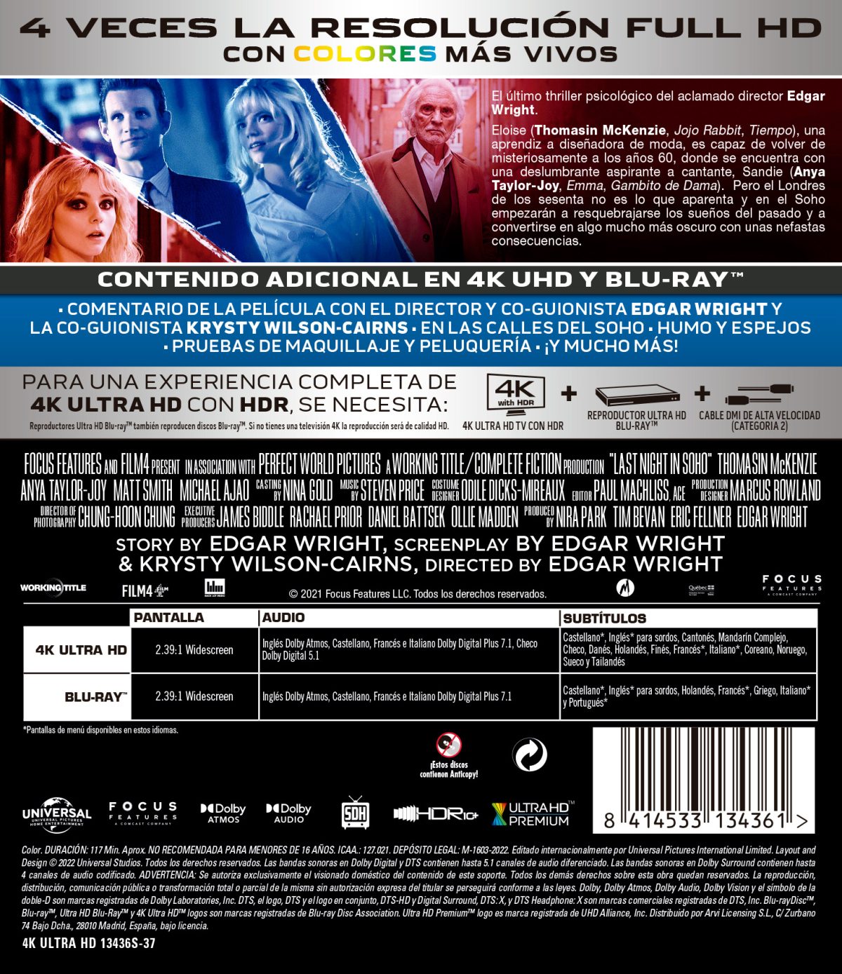 ULTIMA NOCHE EN EL SOHO (4K UHD + BD) - 8414533134361 - Trasera Última noche en el Soho (4K UHD + Blu-ray)