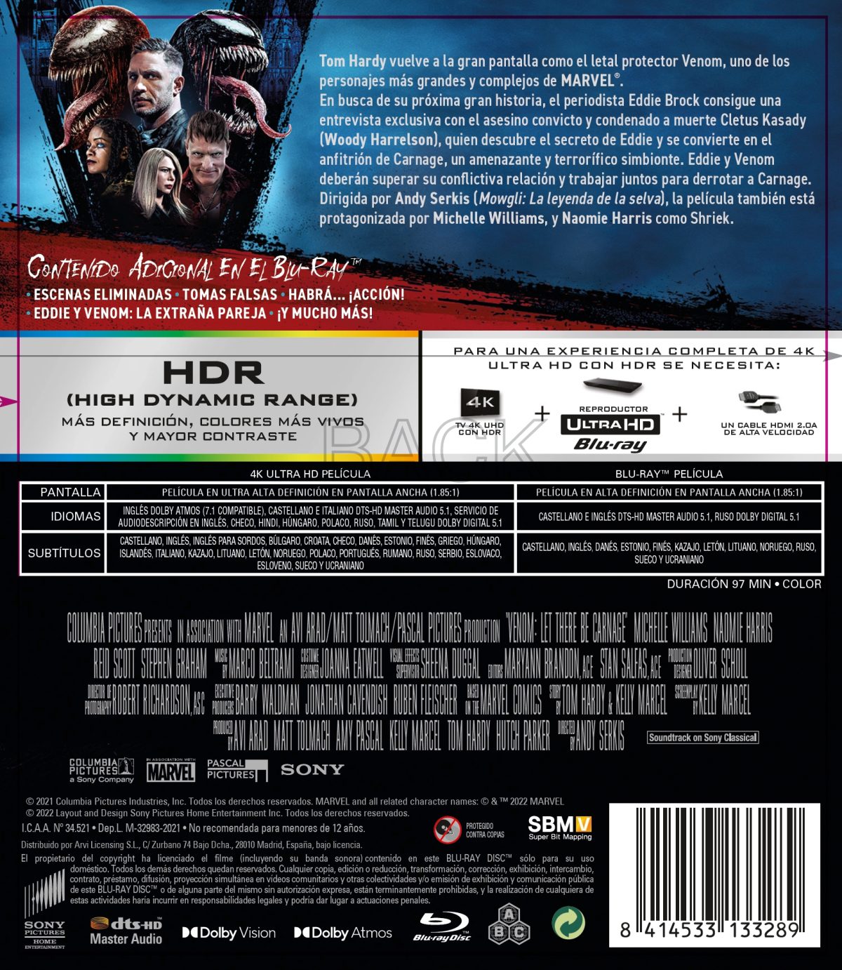VENOM 2 HABRA MATANZA (4K UHD + BD) - 8414533133289 - Trasera Venom 2: Habrá matanza (4K UHD + Blu-ray)